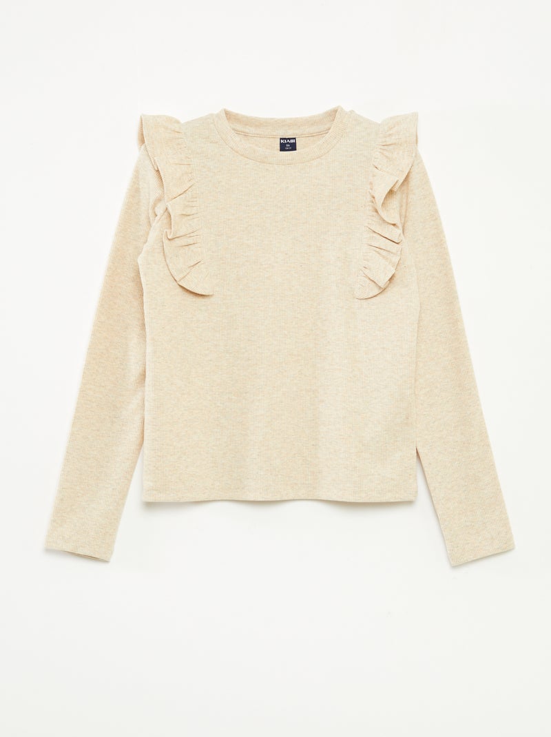 Camiseta de manga larga de tejido de canalé Beige - Kiabi