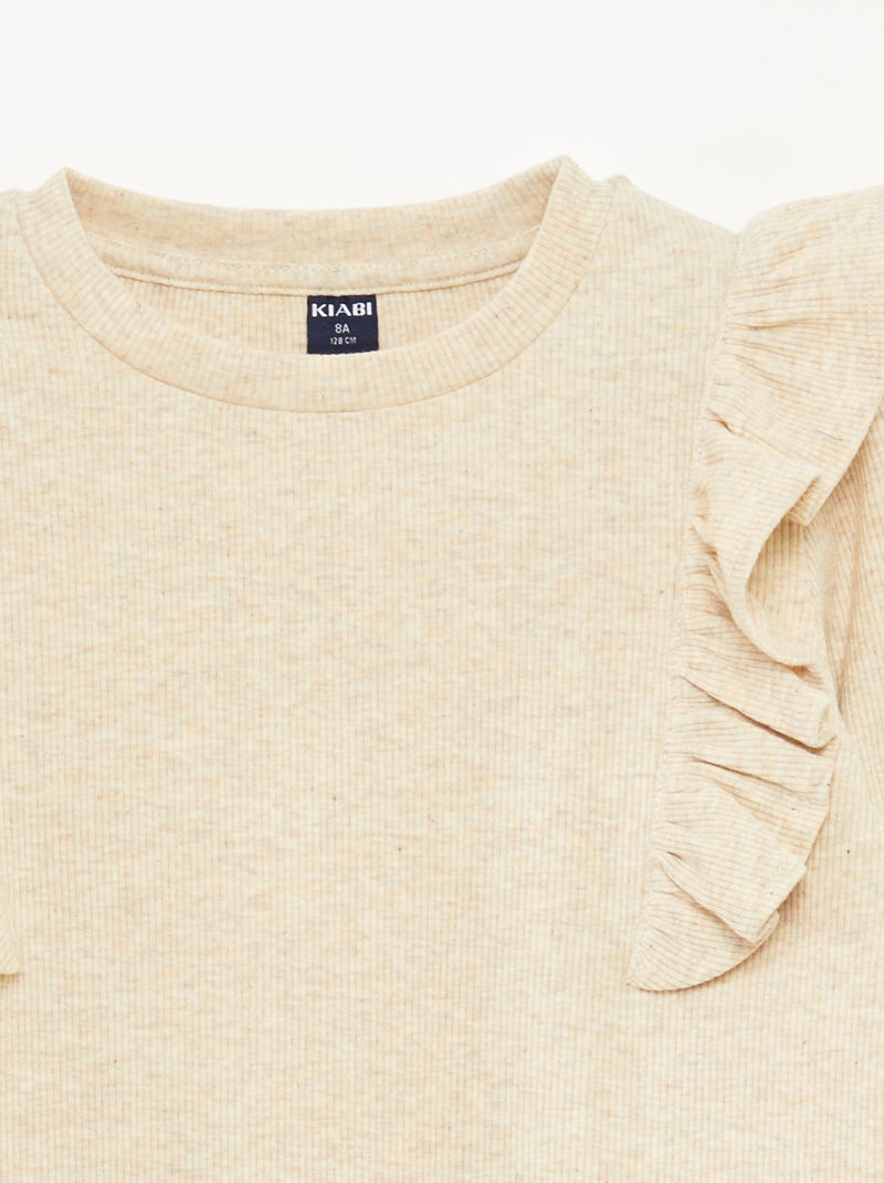 Camiseta de manga larga de tejido de canalé Beige - Kiabi