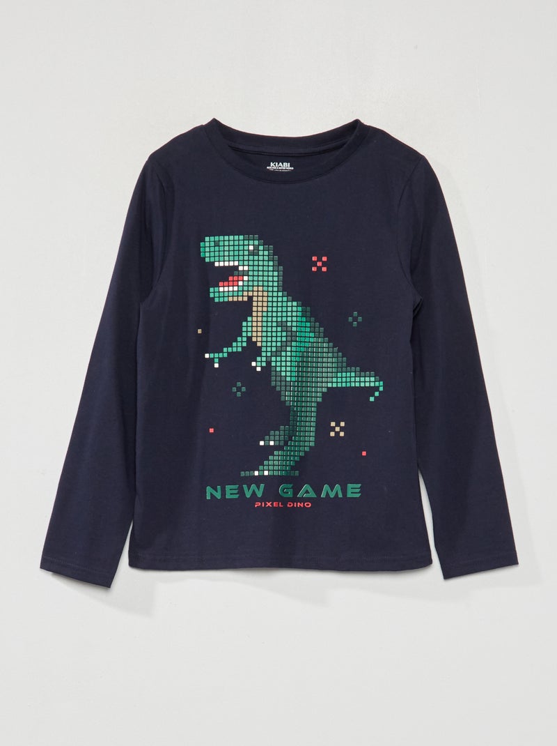 Camiseta de manga larga 'dinosaurio píxeles' AZUL - Kiabi