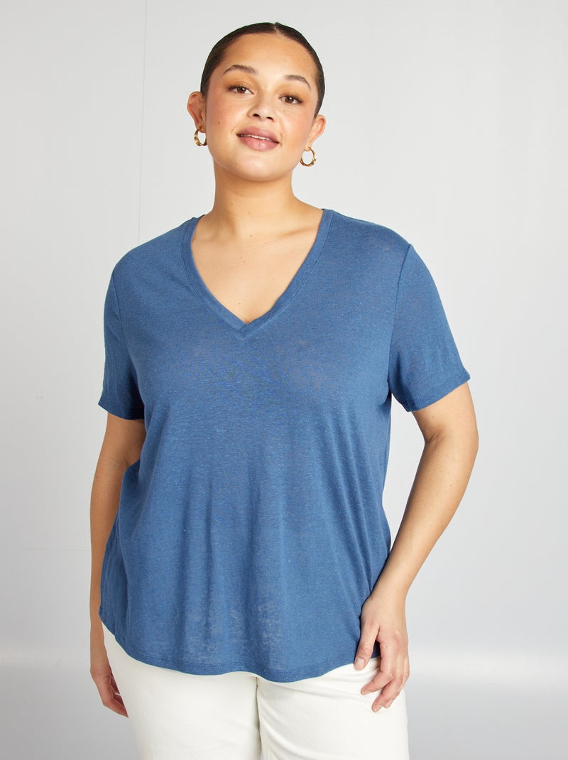 Camiseta de mezcla de lino con cuello de pico AZUL - Kiabi