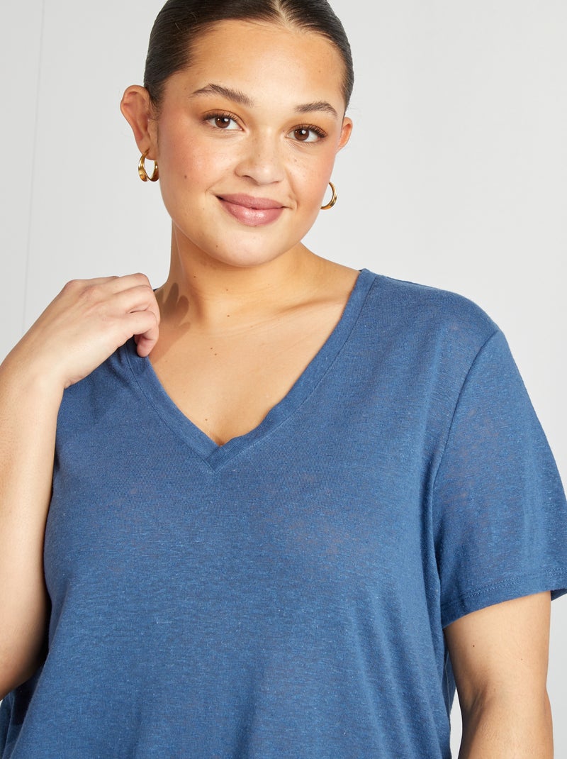 Camiseta de mezcla de lino con cuello de pico AZUL - Kiabi