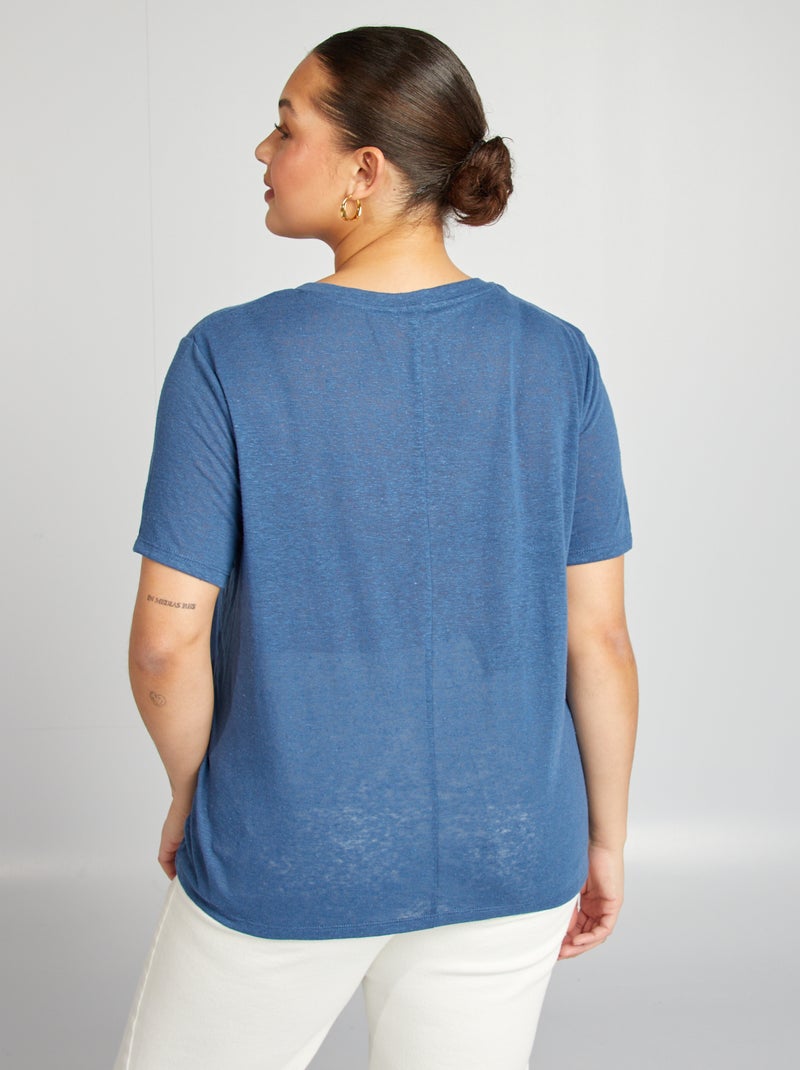 Camiseta de mezcla de lino con cuello de pico AZUL - Kiabi