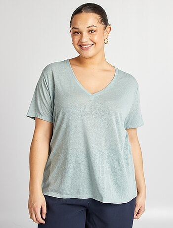 Camiseta de mezcla de lino con cuello de pico