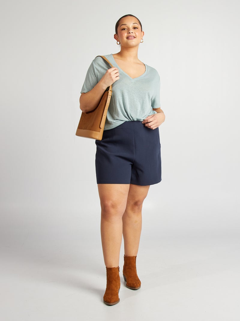 Camiseta de mezcla de lino con cuello de pico azul - Kiabi