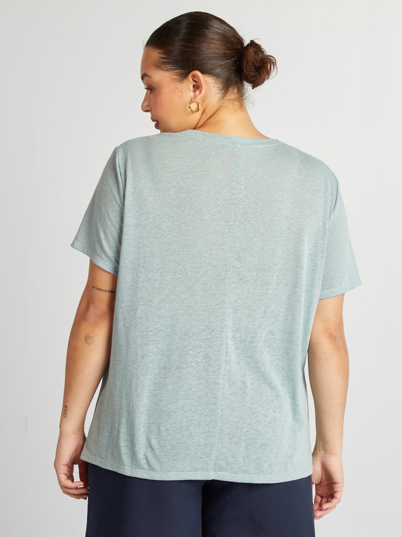 Camiseta de mezcla de lino con cuello de pico azul - Kiabi