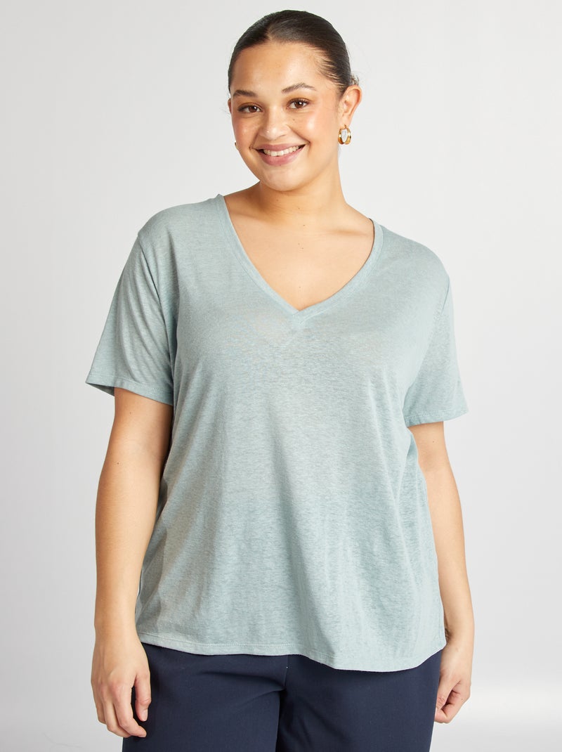 Camiseta de mezcla de lino con cuello de pico azul - Kiabi