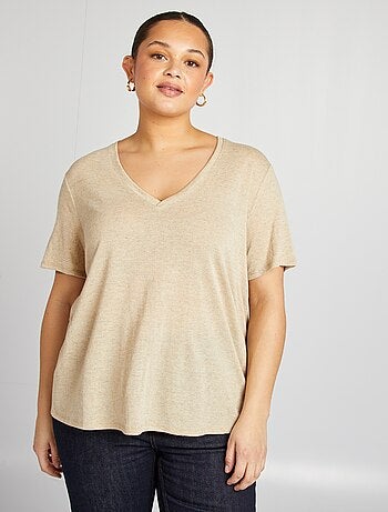 Camiseta de mezcla de lino con cuello de pico