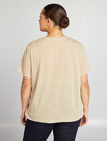 Camiseta de mezcla de lino con cuello de pico