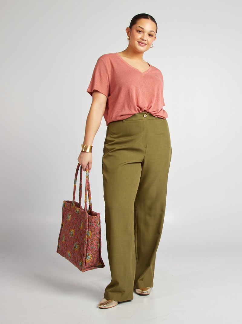 Camiseta de mezcla de lino con cuello de pico ROSA - Kiabi