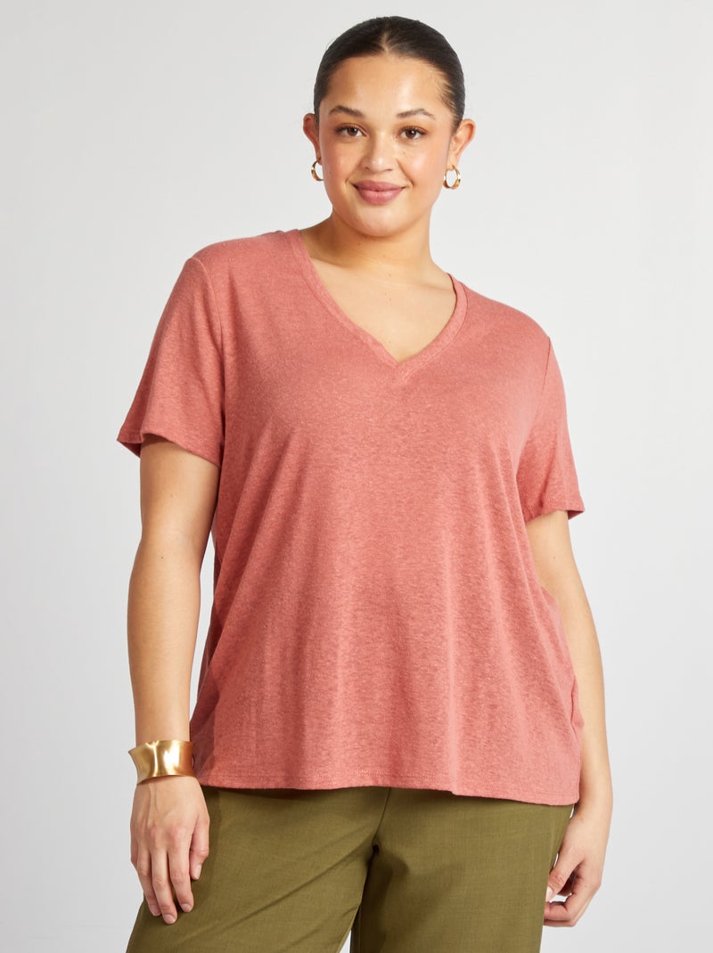 Camiseta de mezcla de lino con cuello de pico ROSA - Kiabi