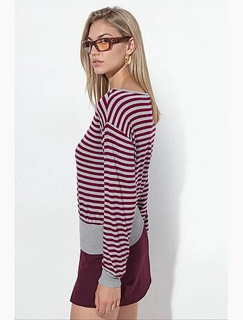 Camiseta de mujer a rayas de manga larga acanalada busem