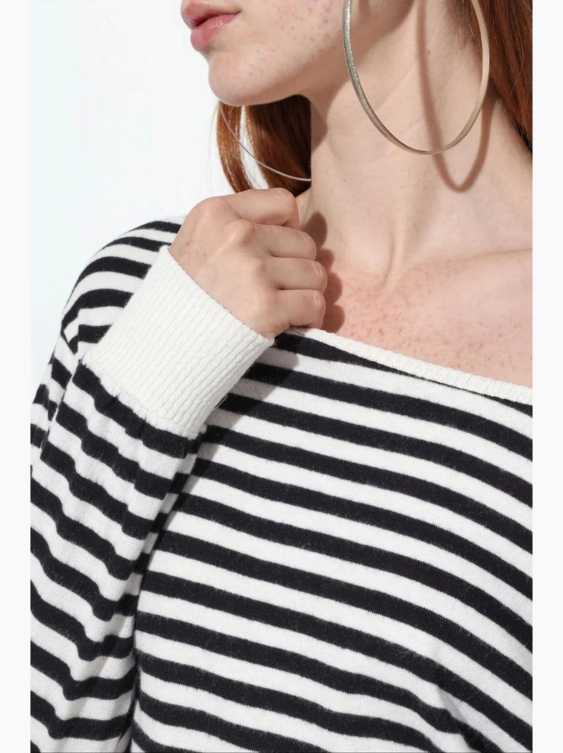 Camiseta de mujer a rayas de manga larga acanalada busem Negro - Kiabi