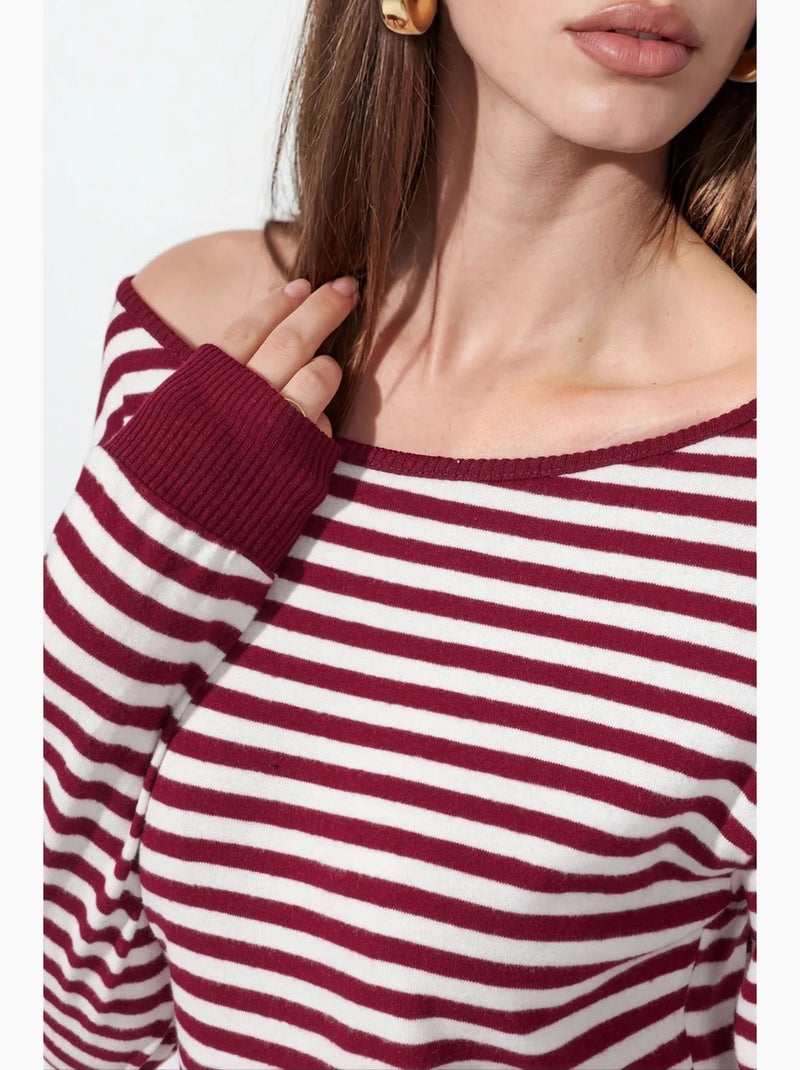 Camiseta de mujer a rayas de manga larga acanalada busem Rojo burdeos - Kiabi