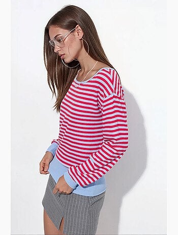 Camiseta de mujer a rayas de manga larga acanalada busem