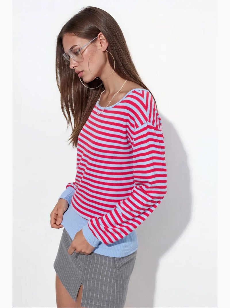 Camiseta de mujer a rayas de manga larga acanalada busem Rojo - Kiabi