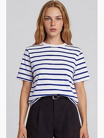 Camiseta de mujer de algodón a rayas con cuello redondo busem