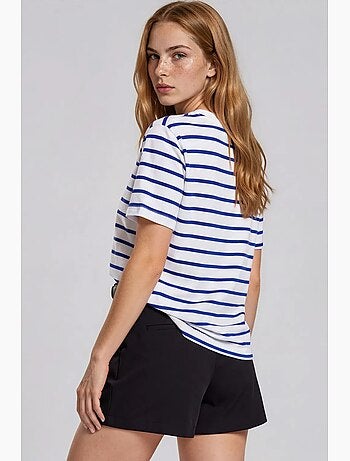Camiseta de mujer de algodón a rayas con cuello redondo busem