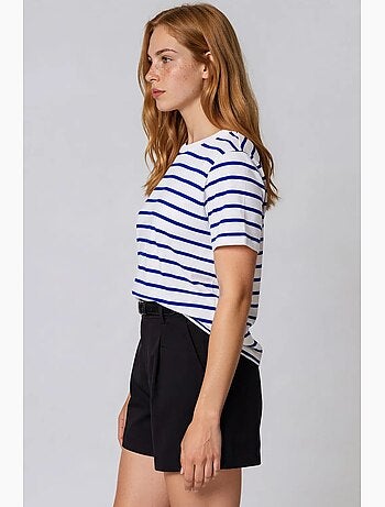 Camiseta de mujer de algodón a rayas con cuello redondo busem
