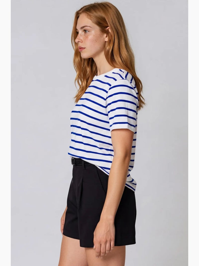 Camiseta de mujer de algodón a rayas con cuello redondo busem Blanco Azul - Kiabi