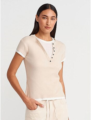 Camiseta de mujer de algodón con cuello en v y botones dilvin