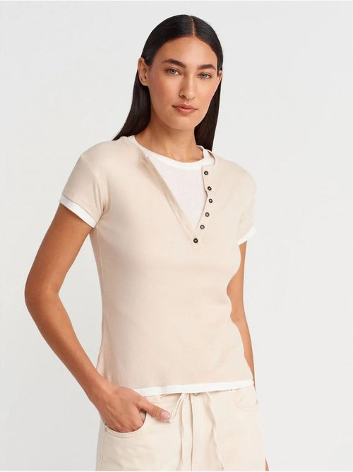 Camiseta de mujer de algodón con cuello en v y botones dilvin - Kiabi