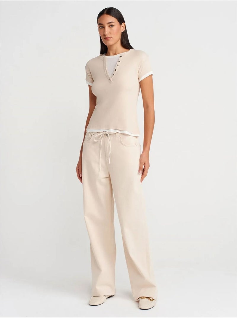 Camiseta de mujer de algodón con cuello en v y botones dilvin Beige arcilla - Kiabi