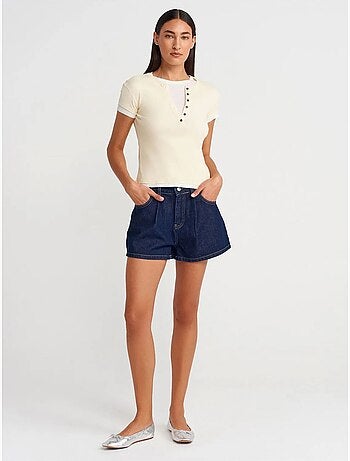 Camiseta de mujer de algodón con cuello en v y botones dilvin