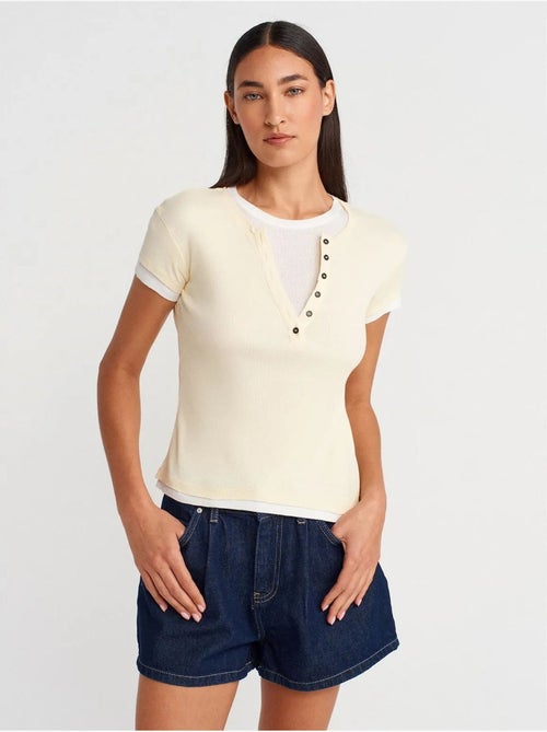 Camiseta de mujer de algodón con cuello en v y botones dilvin - Kiabi