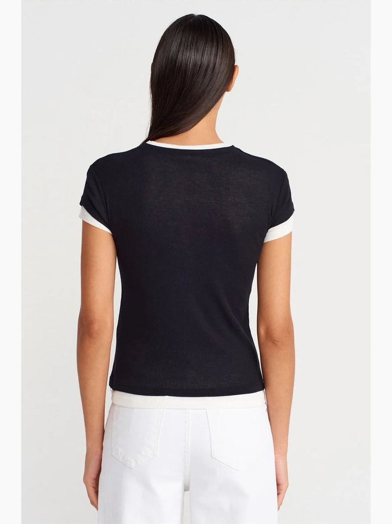 Camiseta de mujer de algodón con cuello en v y botones dilvin Negro - Kiabi