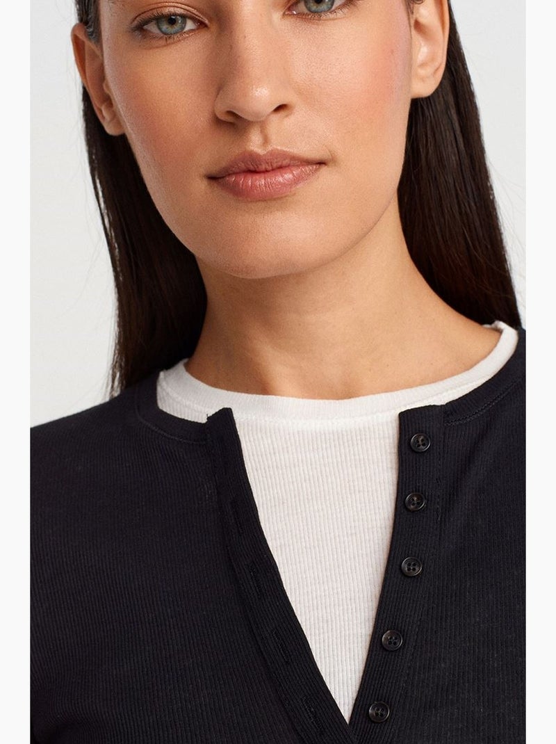 Camiseta de mujer de algodón con cuello en v y botones dilvin Negro - Kiabi