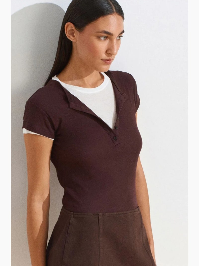 Camiseta de mujer de algodón con cuello en v y botones dilvin Rojo burdeos - Kiabi