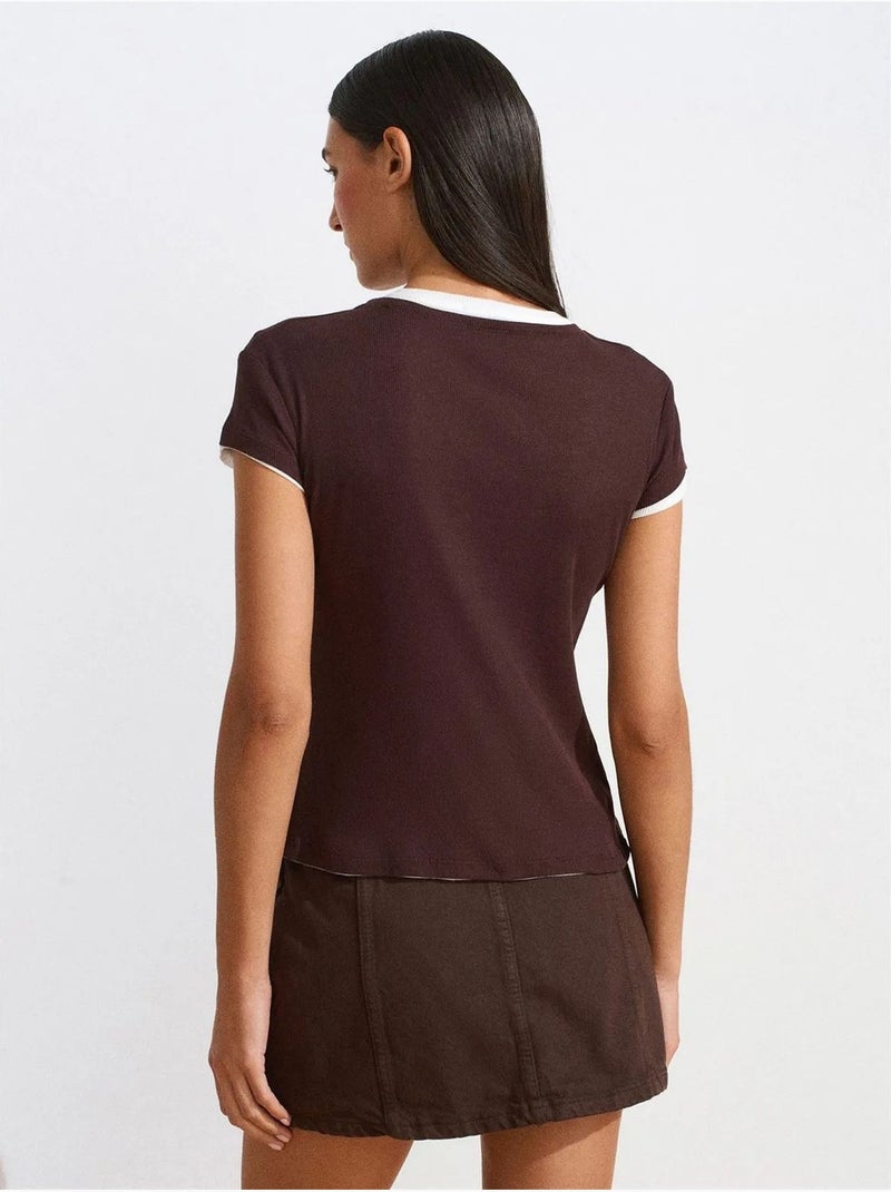 Camiseta de mujer de algodón con cuello en v y botones dilvin Rojo burdeos - Kiabi