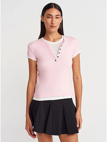 Camiseta de mujer de algodón con cuello en v y botones dilvin