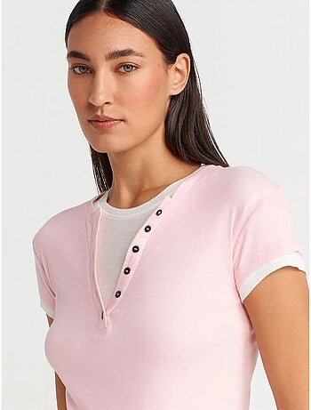 Camiseta de mujer de algodón con cuello en v y botones dilvin
