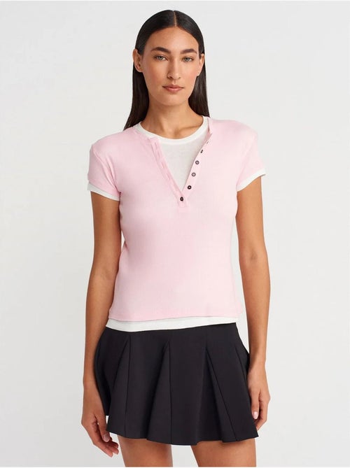 Camiseta de mujer de algodón con cuello en v y botones dilvin - Kiabi
