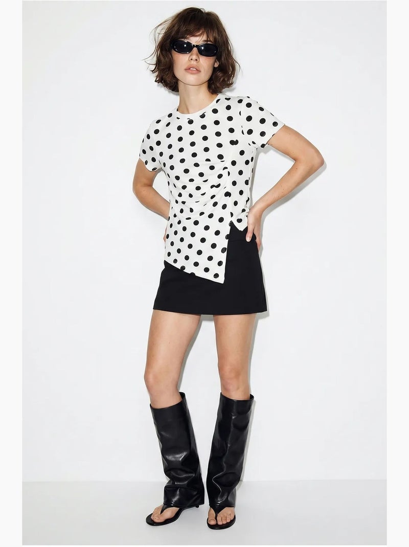 Camiseta de mujer entallada de lunares con cuello redondo lucci Blanco Negro - Kiabi