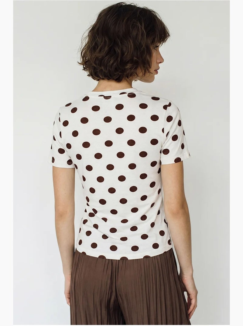 Camiseta de mujer entallada de lunares con cuello redondo lucci Marrón - Kiabi