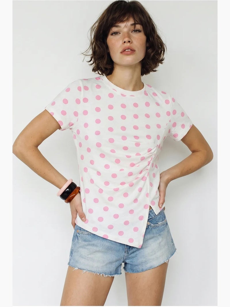 Camiseta de mujer entallada de lunares con cuello redondo lucci Rosa pálido - Kiabi