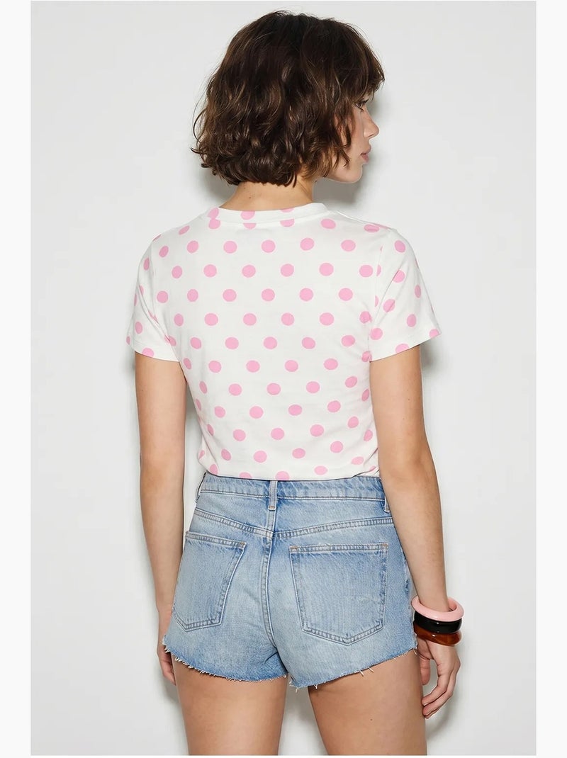 Camiseta de mujer entallada de lunares con cuello redondo lucci Rosa pálido - Kiabi