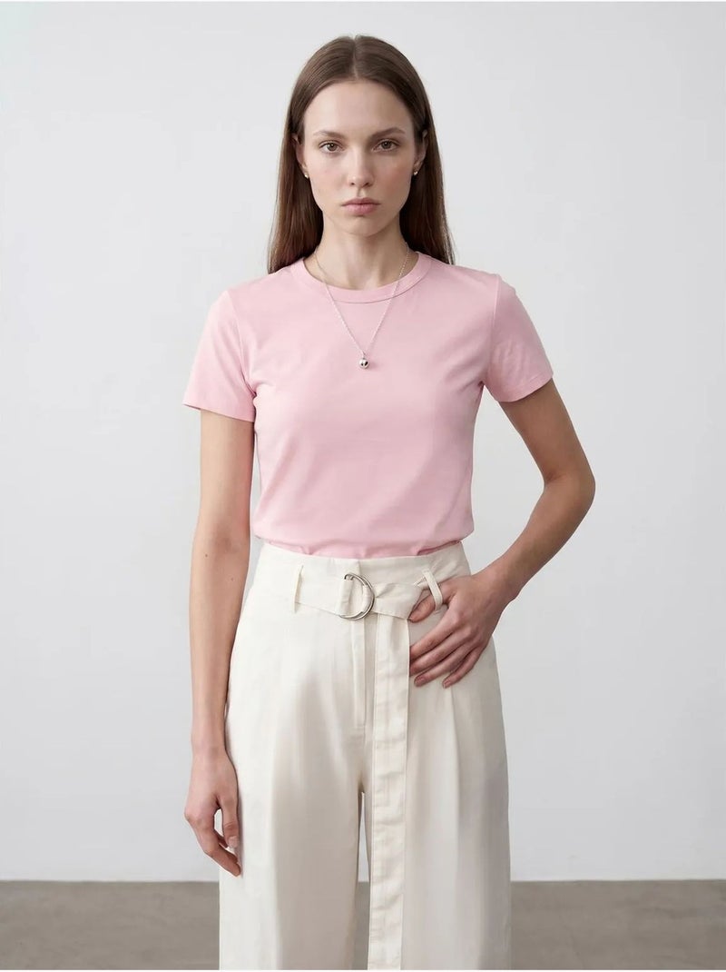 Camiseta de mujer lisa con cuello redondo dilvin Rosa almendra - Kiabi