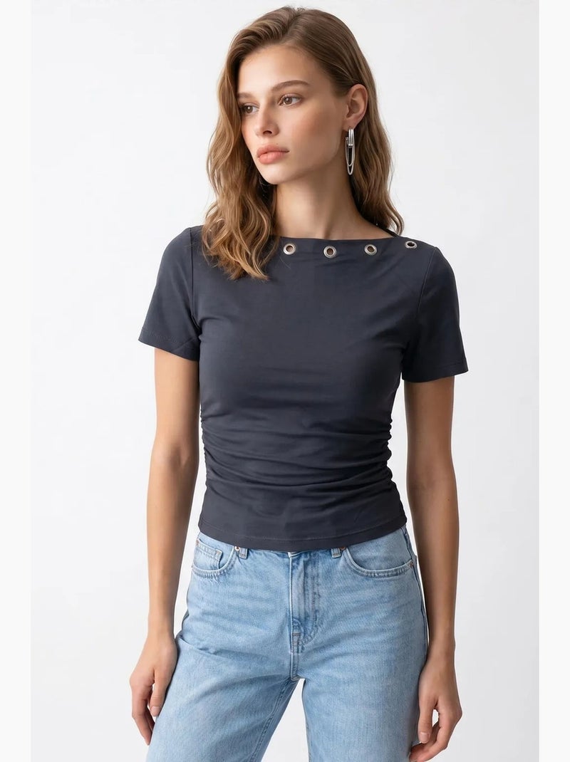 Camiseta de mujer slim fit con cuello barco mixray Gris negro - Kiabi