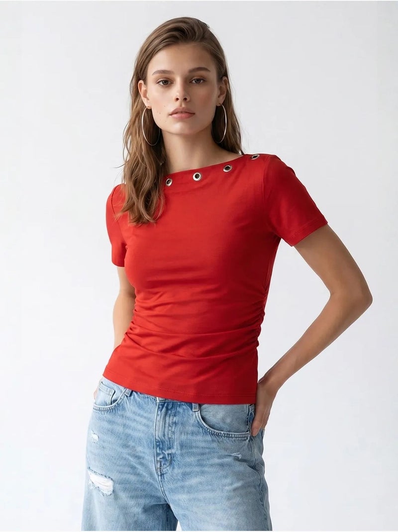Camiseta de mujer slim fit con cuello barco mixray Rojo - Kiabi