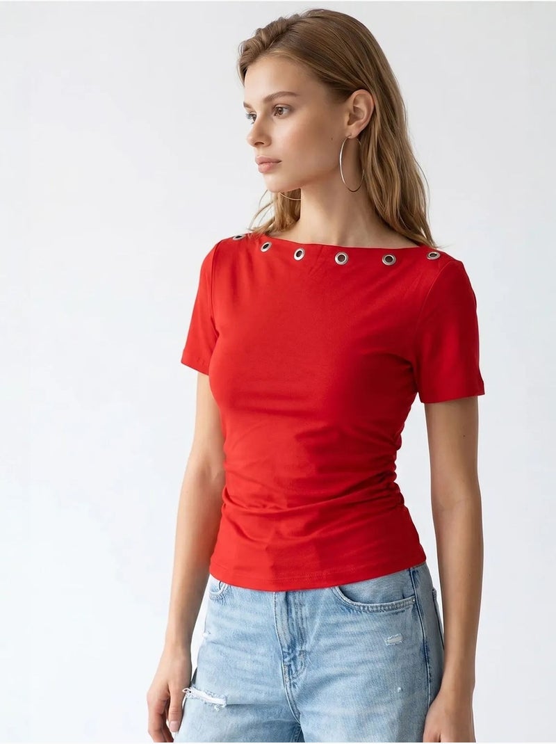 Camiseta de mujer slim fit con cuello barco mixray Rojo - Kiabi