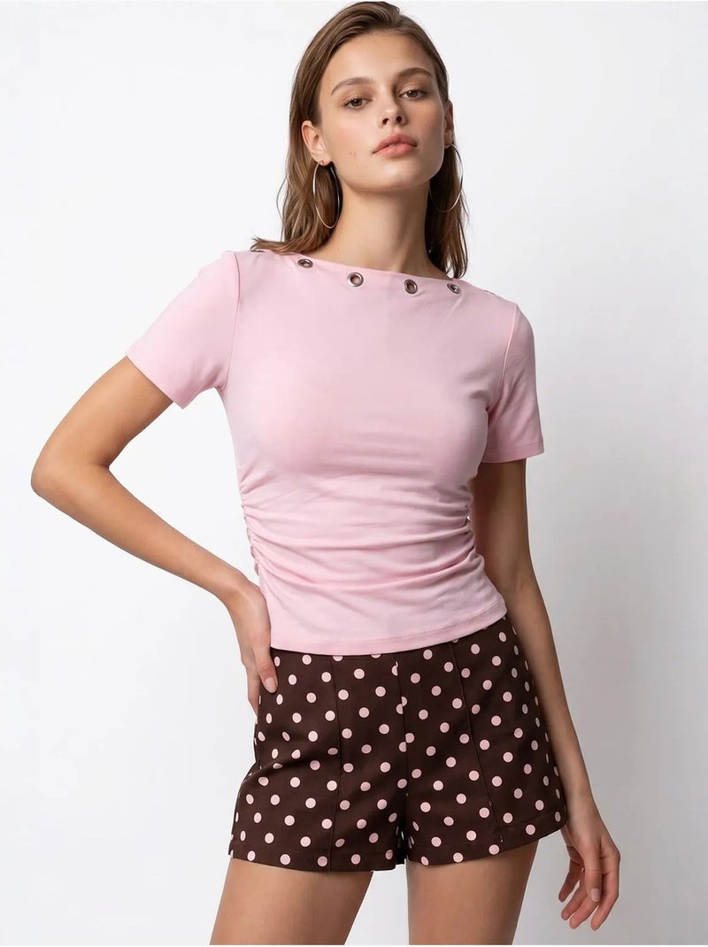 Camiseta de mujer slim fit con cuello barco mixray Rosa almendra - Kiabi