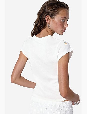 Camiseta de mujer slim fit de algodón con bordado y cuello redondo busem