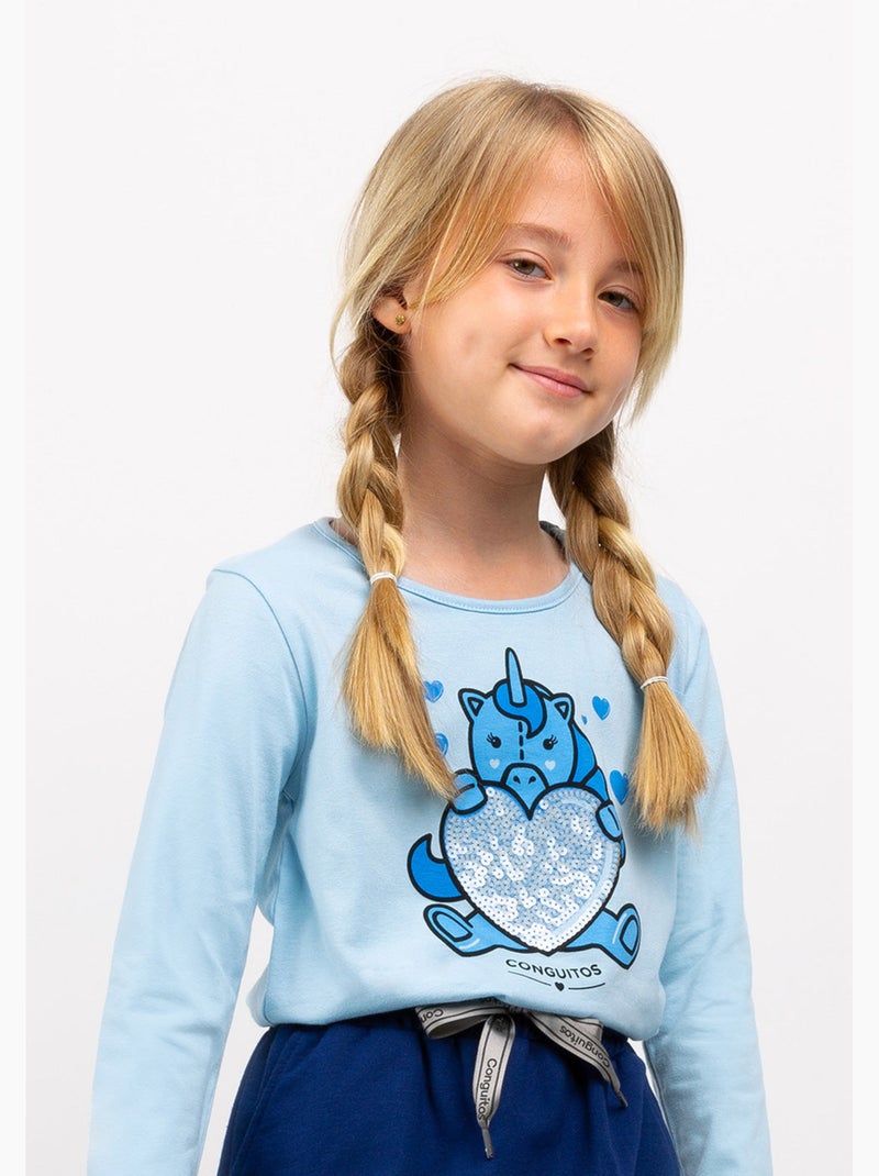 Camiseta de Niña de Manga Larga en Azul Cielo Azul - Kiabi