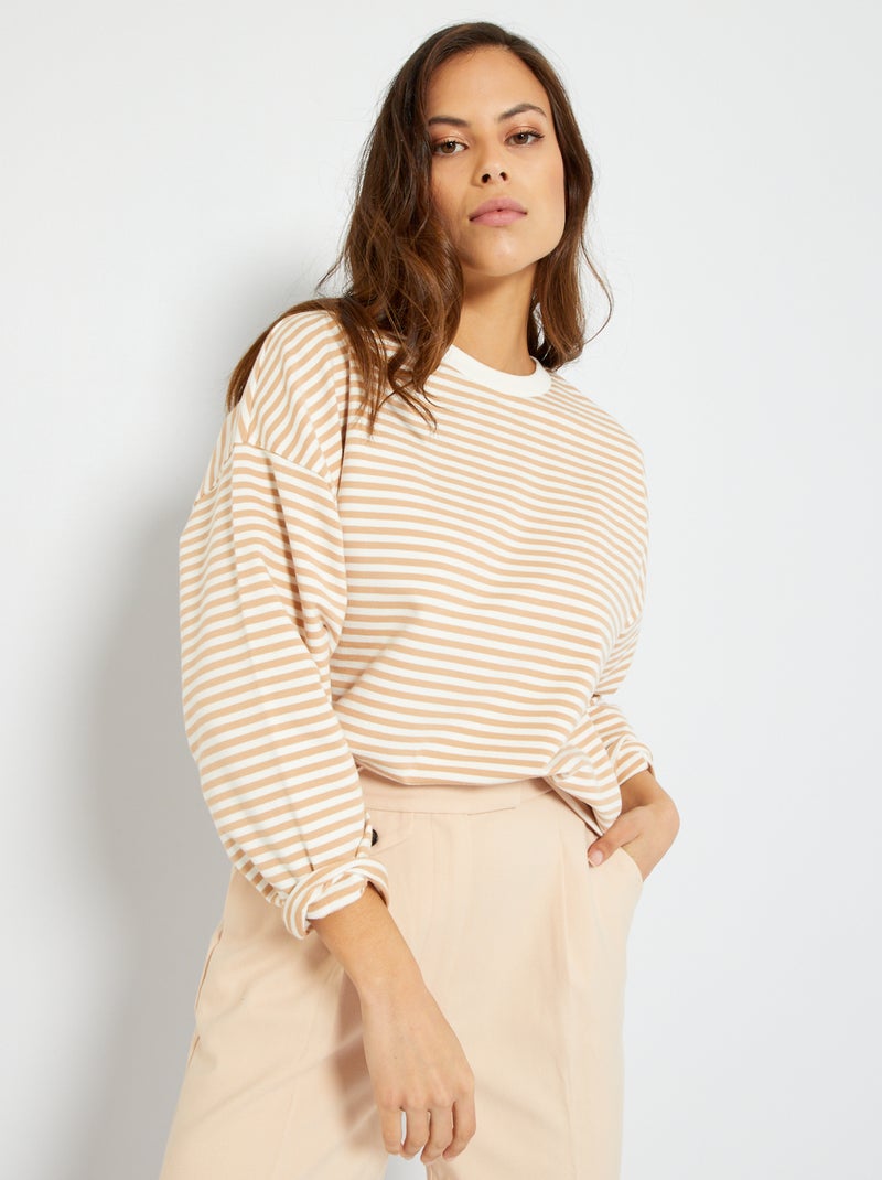 Camiseta de punto a rayas beige - Kiabi