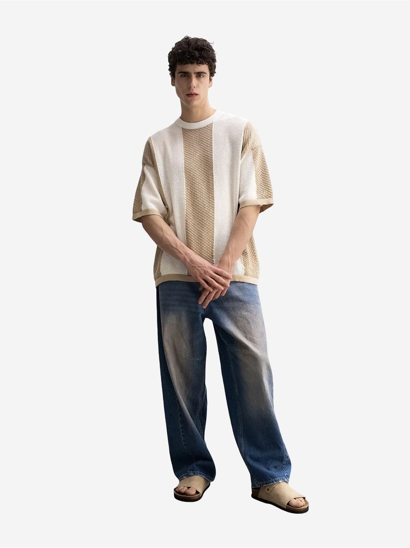 Camiseta de punto a rayas con cuello redondo de giesto Beige arcilla - Kiabi