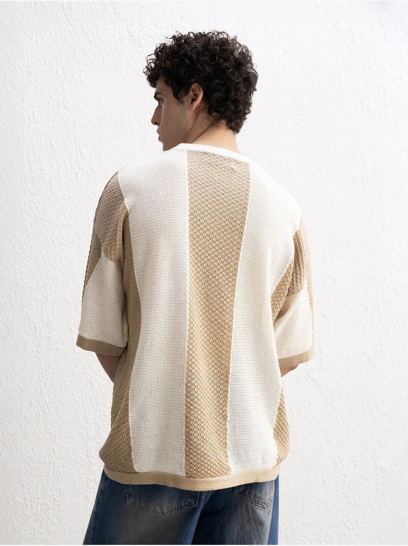 Camiseta de punto a rayas con cuello redondo de giesto Beige arcilla - Kiabi