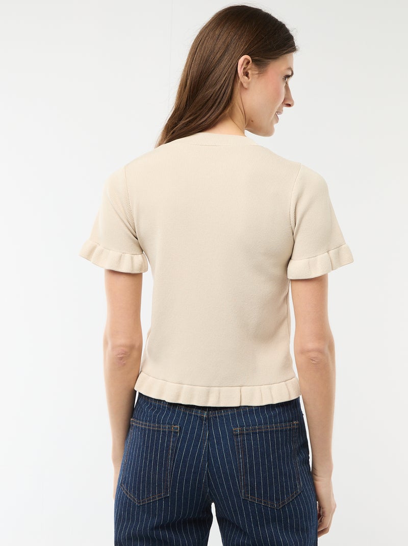 Camiseta de punto abotonada con volantes Beige - Kiabi